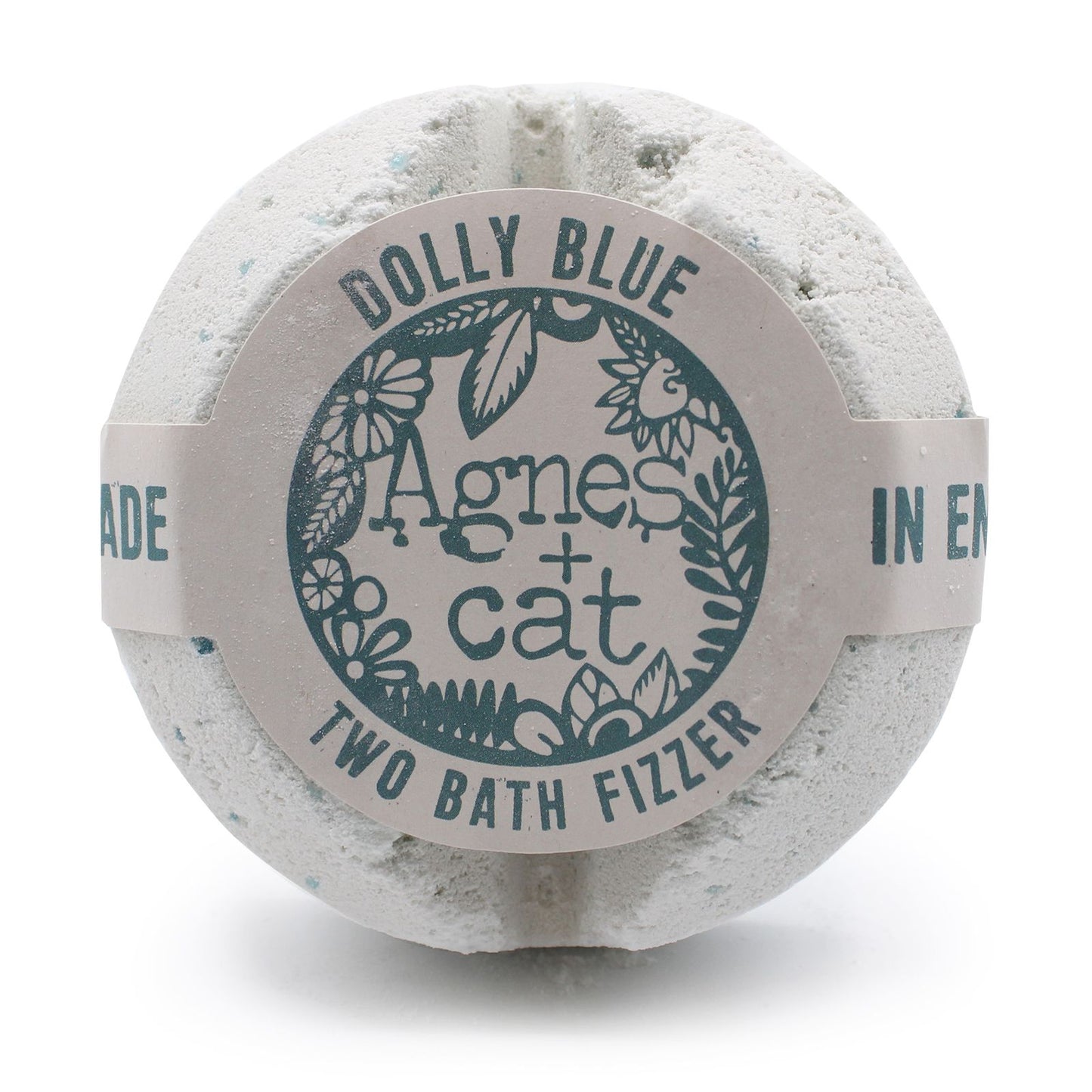 Bath fizzer ball with 'Agnes + Cat' branding on a white background