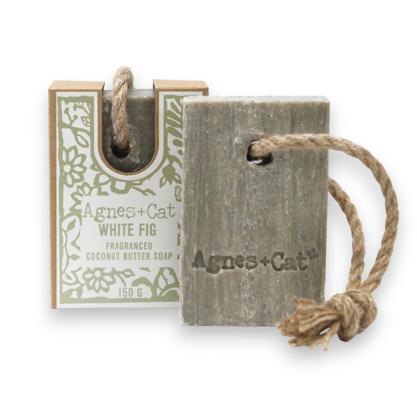 Agnes + Cat soap on a rope with packaging on a white background