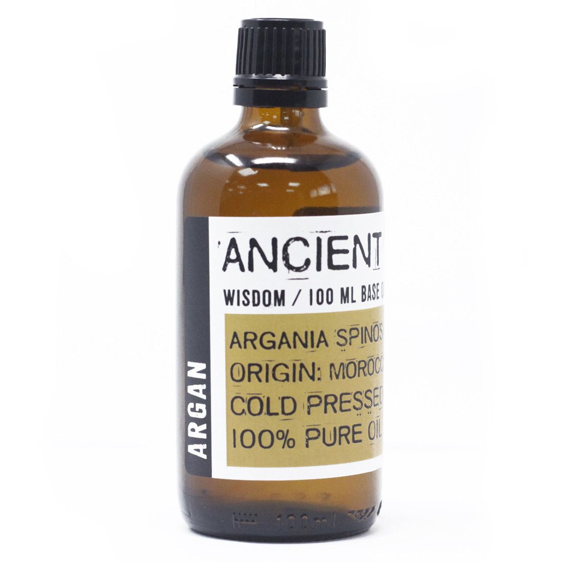 Bottle of Ancient Wisdom Argan oil with a label on a white background