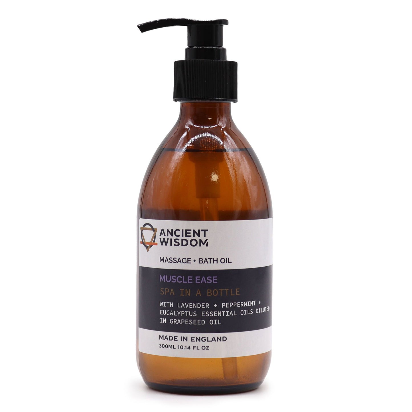 Brown bottle of massage and bath oil with pump, labeled 'Ancient Wisdom', on a white background.