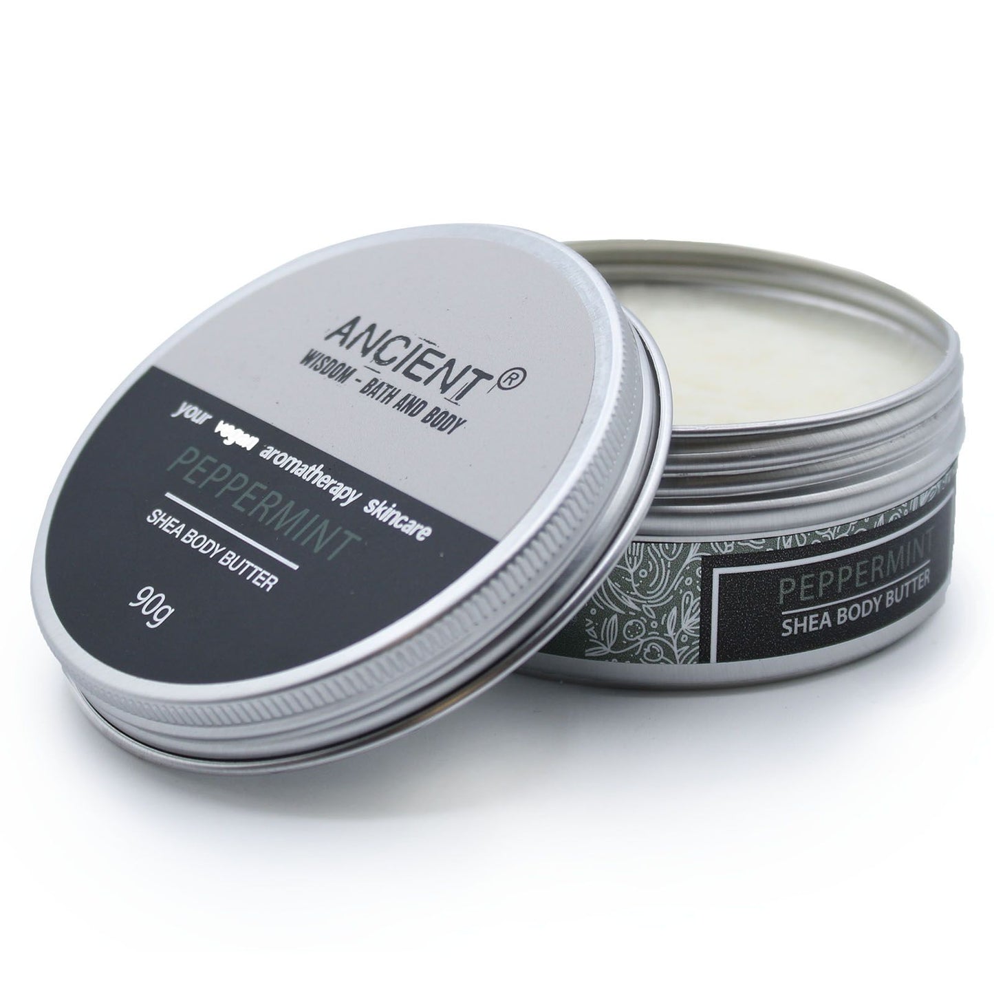 Shea body butter in a metal tin with 'Ancient Wisdom' branding on a white background