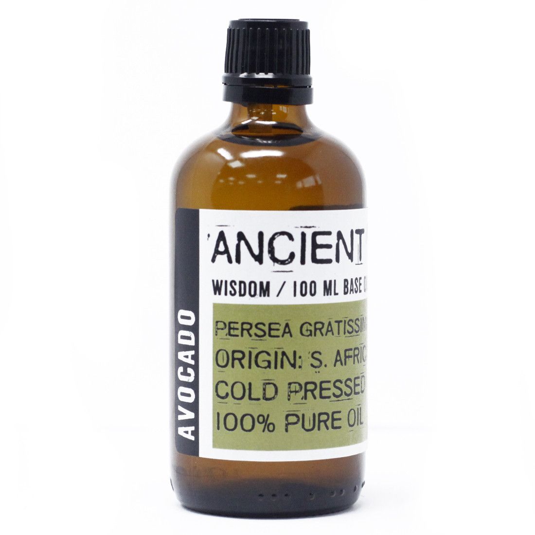 Bottle of Ancient Wisdom avocado oil with a white background
