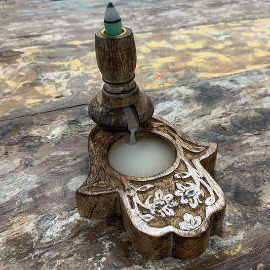 Backflow Burner Mango Wood - Hamsa with smoke