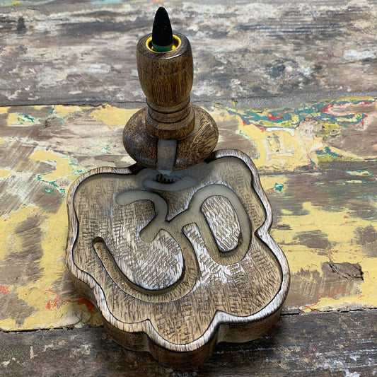 Mango Wood Ohm Backflow Incense Burner is handcrafted in India with smoke