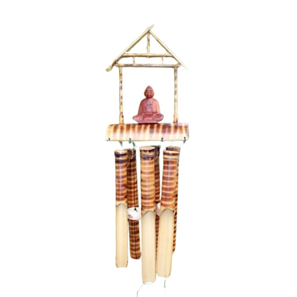Bamboo wind chime with Buddha figure on a white background