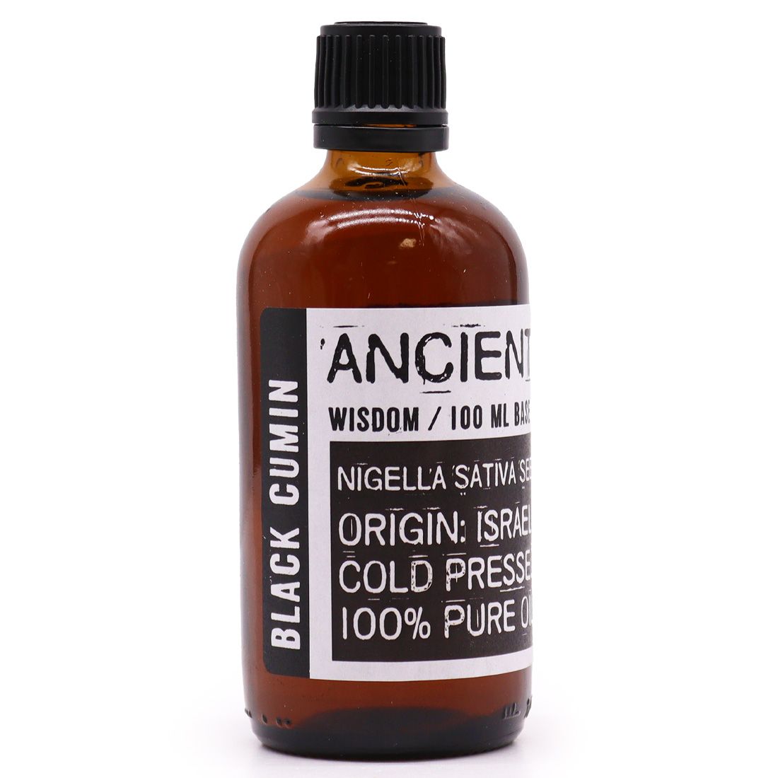 Bottle of 'Ancient Wisdom' black cumin oil on a white background