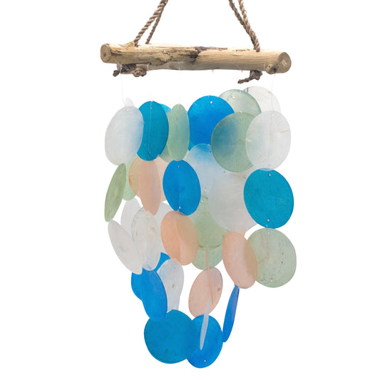 Decorative hanging with blue, green, and beige glass beads on a white background