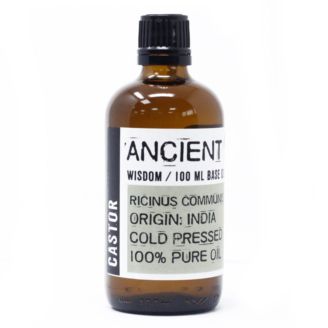 Bottle of castor oil with a label on a white background