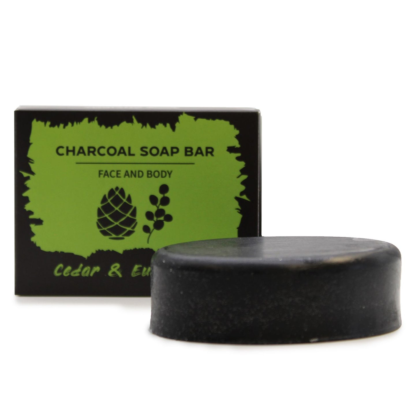 Charcoal soap bar with packaging labeled 'Charcoal Soap Bar' on a white background