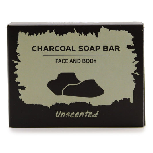 Box of charcoal soap bar for face and body with a black and white design.