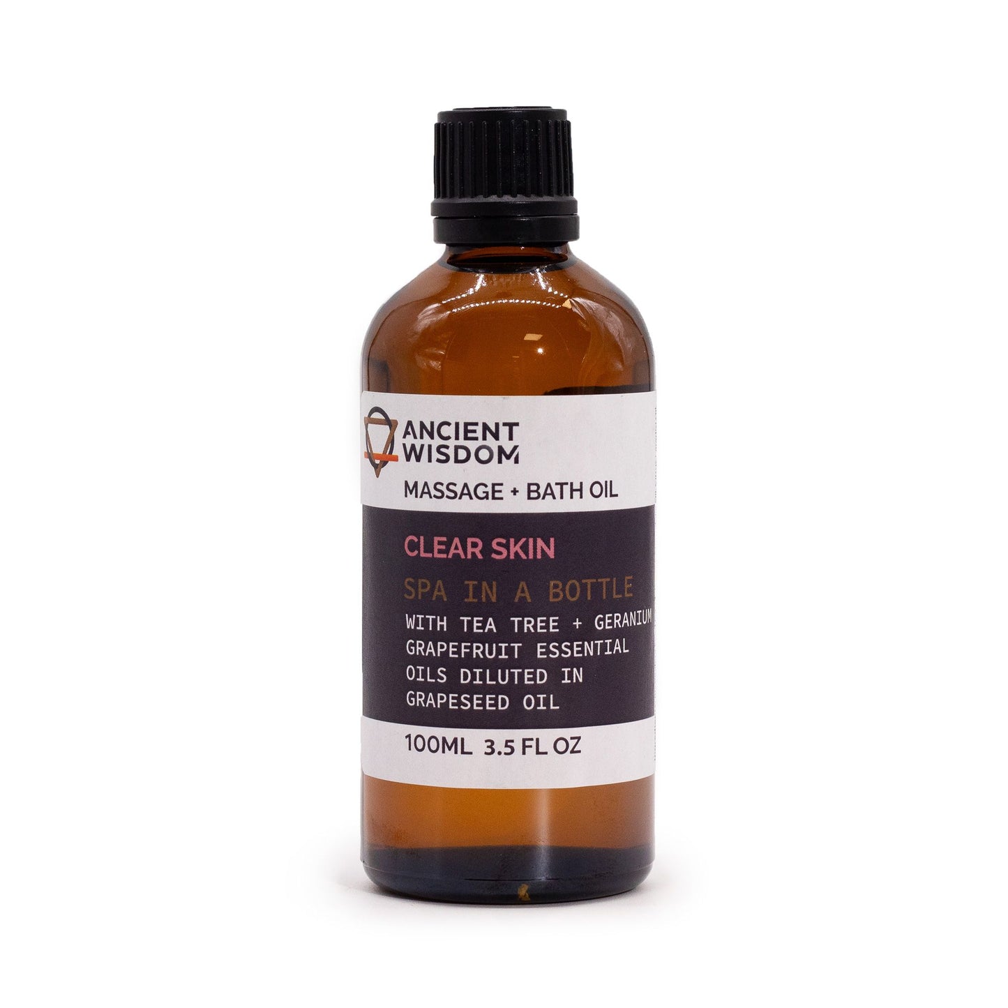 Bottle of Ancient Wisdom Clear Skin massage and bath oil on a white background
