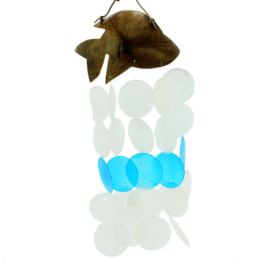 Bring a splash of ocean magic to your space with these charming Coconut & Capiz Windchimes featuring playful blue dolphin designs.