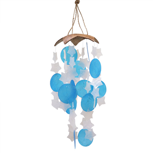 Add a splash of coastal charm to your home or garden with these beautiful Coconut & Capiz Windchimes featuring delicate blue and white star shapes.