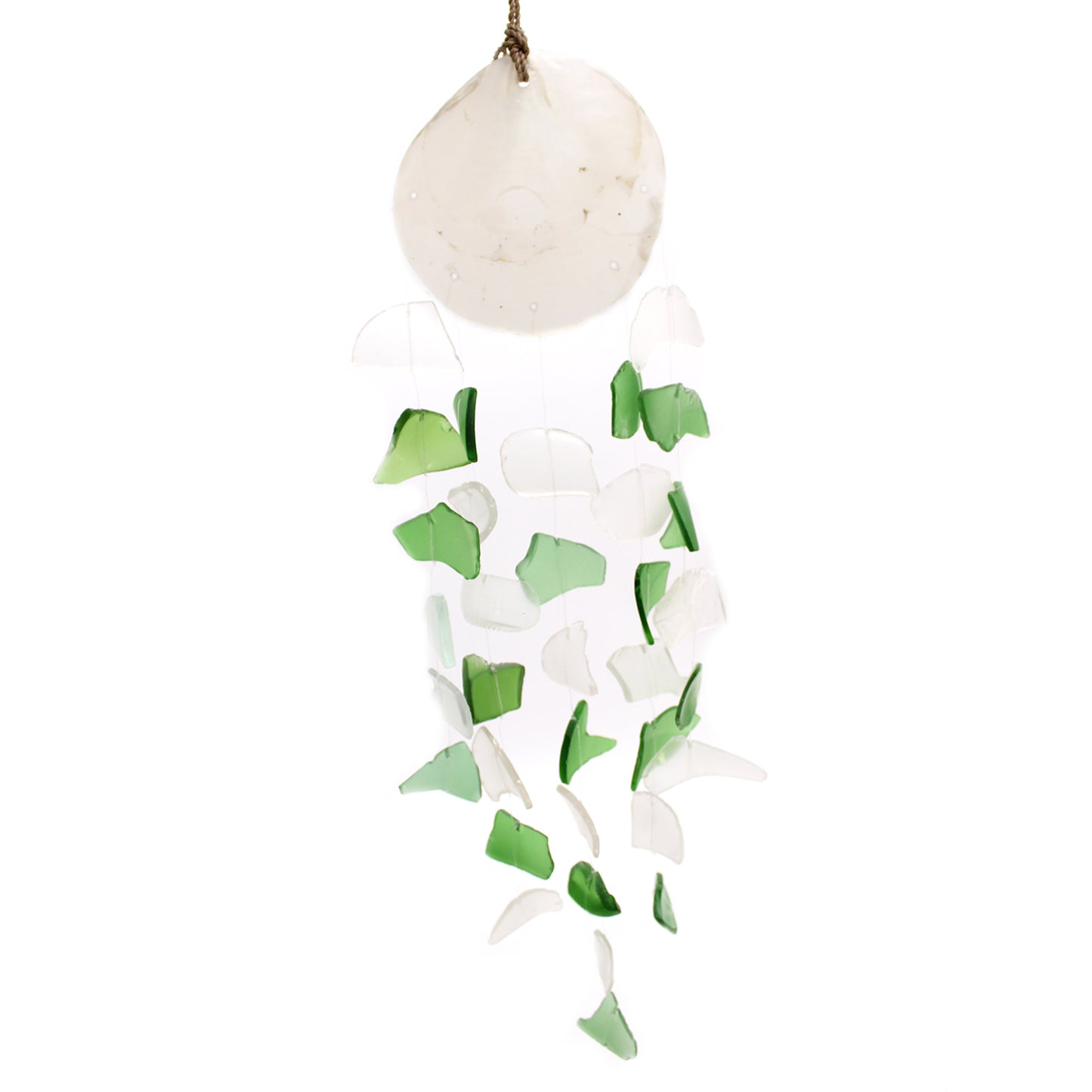 Bring harmony and a touch of nature to your outdoor space with a Recycled Glass Wind Chime Green & White Glass. Handmade in Indonesia