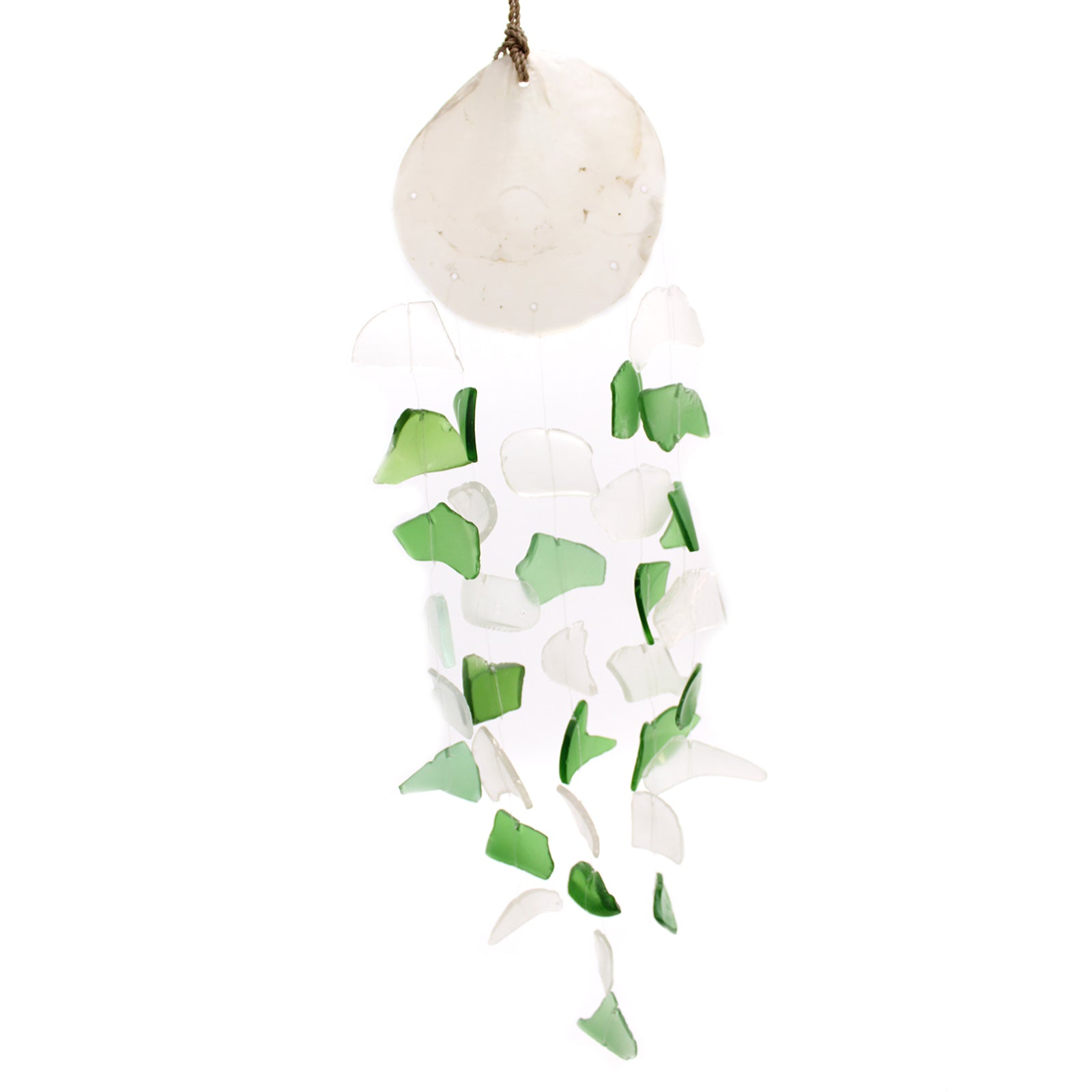 Bring harmony and a touch of nature to your outdoor space with a Recycled Glass Wind Chime Green & White Glass. Handmade in Indonesia