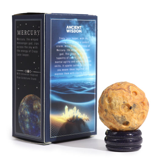 Harness the vibrant energy of Mercury with this captivating Crazy Lace Jasper Planet. Crafted from genuine crazy lace jasper, a stone known for its uplifting and balancing properties, this planet symbolises communication, clarity and agility boxed