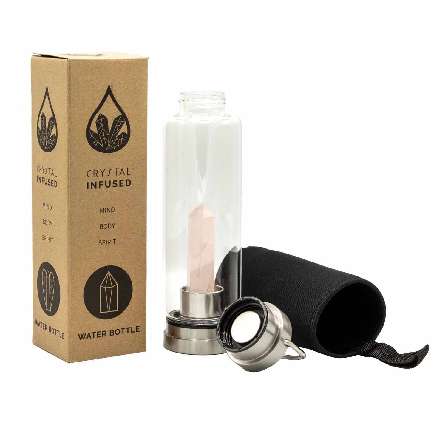 Crystal infused water bottle set with packaging on a white background