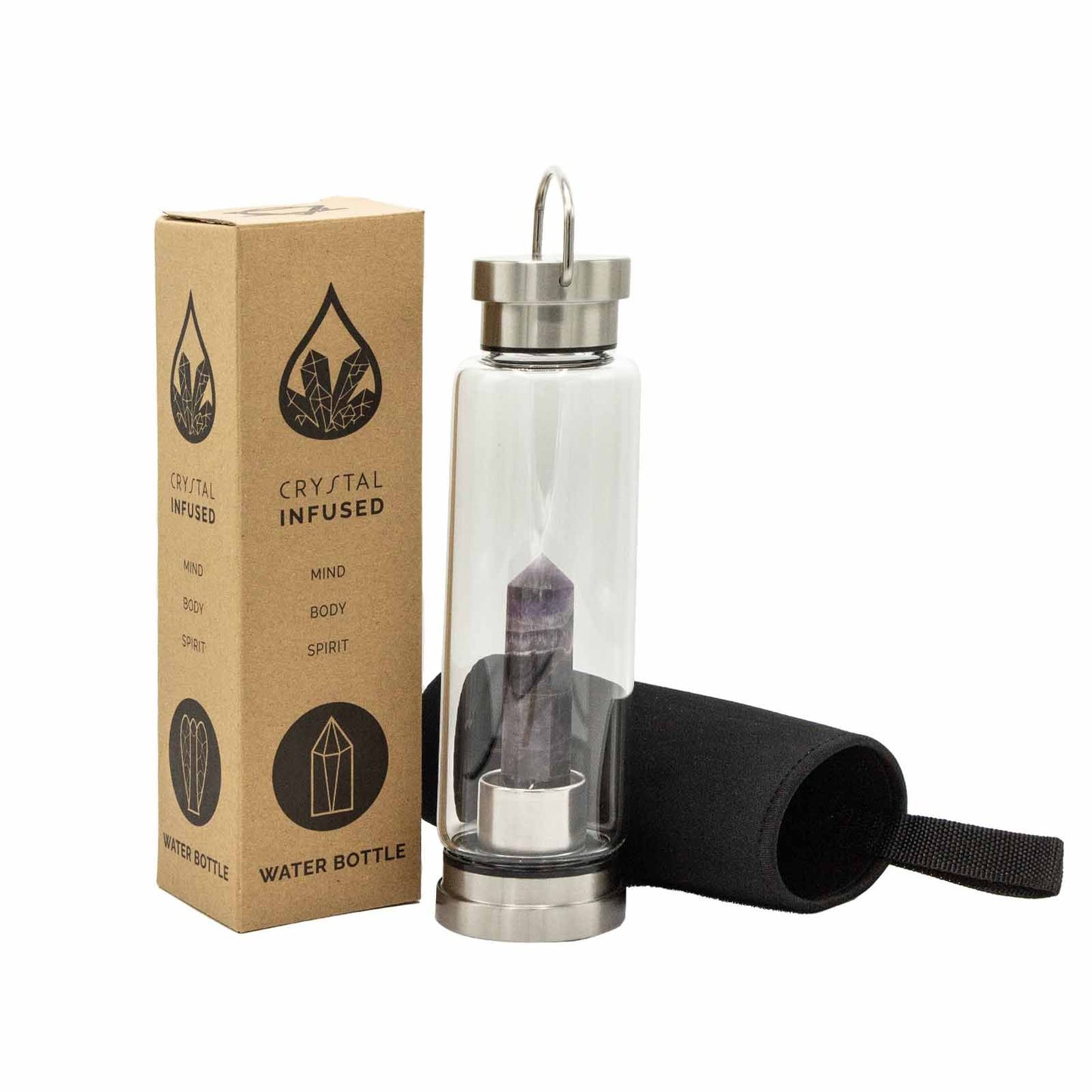 Crystal infused water bottle with packaging on a white background