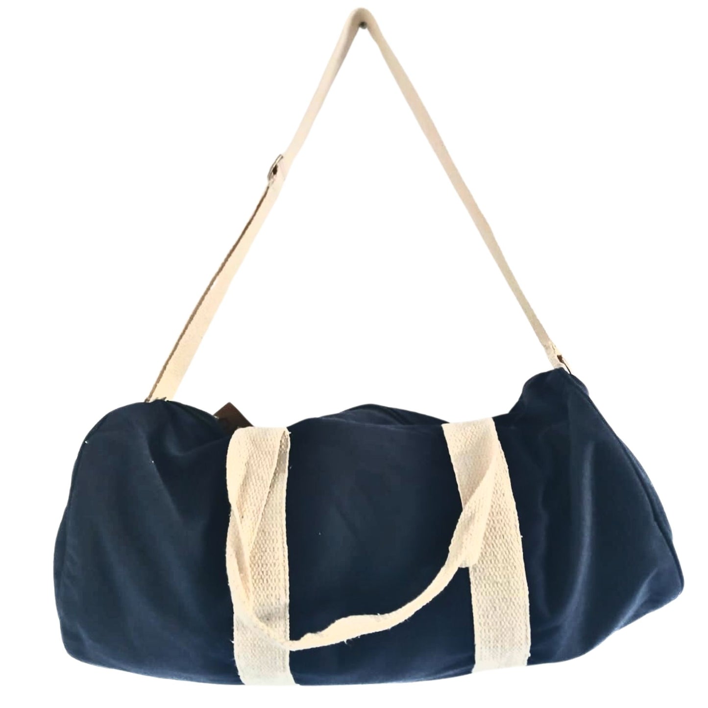 Navy blue duffel bag with beige handles and mesh side pocket on a white background
