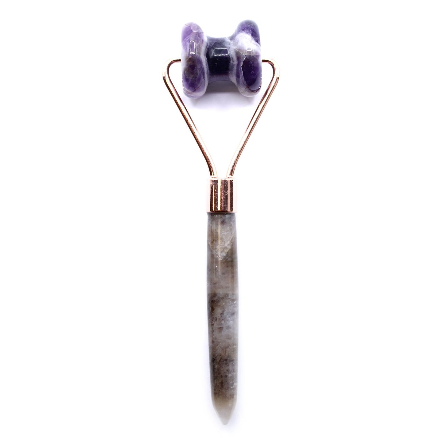Gua Sha tool with purple stone roller on a white background