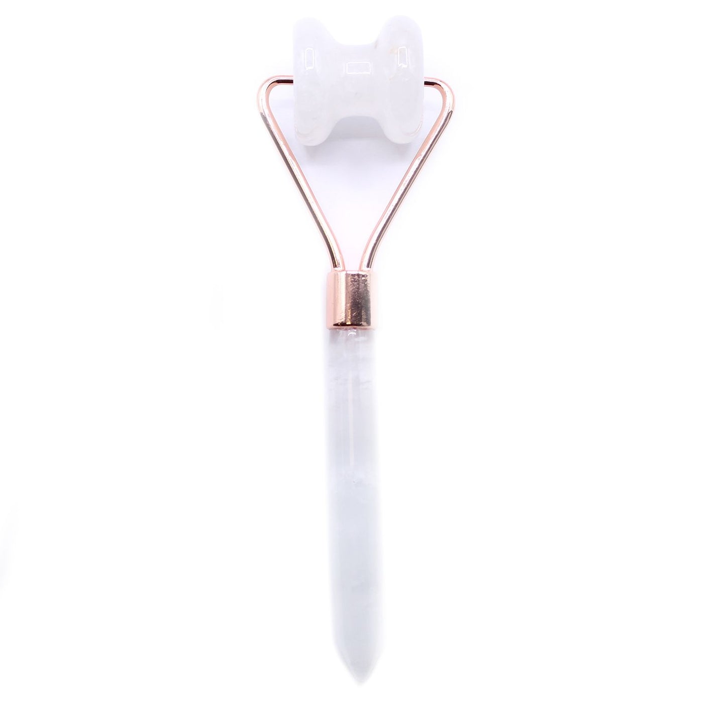 White roller tool with rose gold accents on a white background