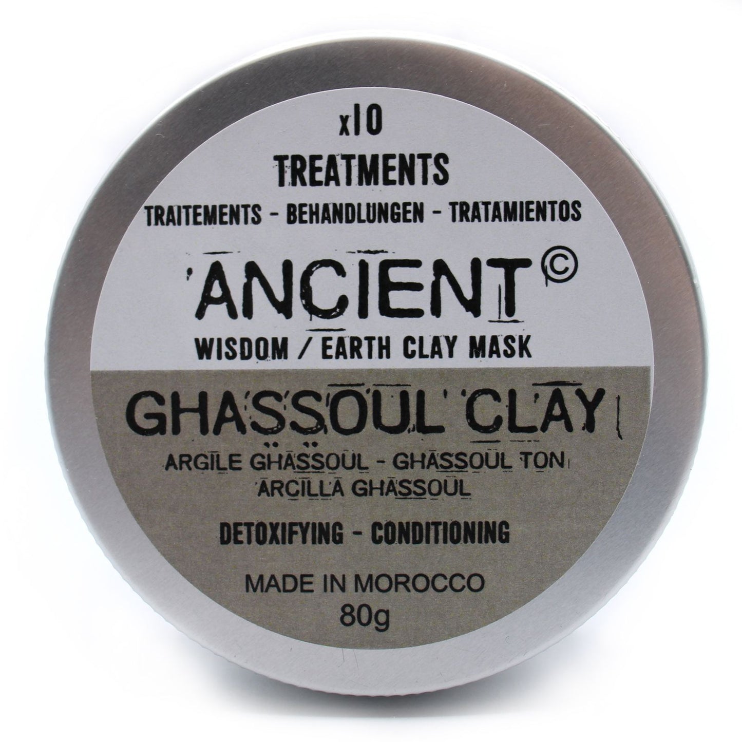 Ghassoul clay mask container with label on a white background