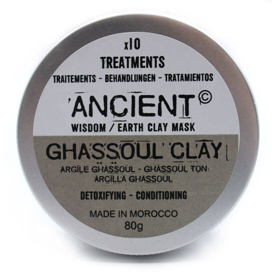 Ghassoul clay mask container with label on a white background