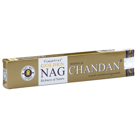 Experience the fragrant, tranquil scent of Golden Nag Chandan Incense Sticks. Hand-rolled in India with the finest ingredients.