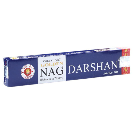 Experience the fragrant, tranquil scent of Golden Nag Darshan Incense Sticks. Hand-rolled in India with the finest ingredients.