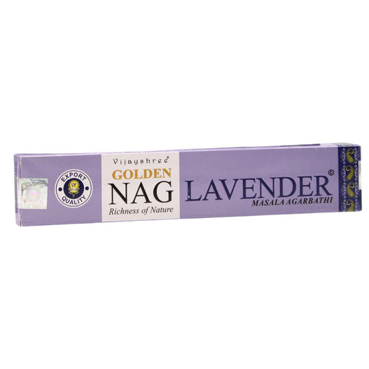 Experience the fragrant, tranquil scent of Golden Nag Lavender Incense Sticks. Hand-rolled in India with the finest ingredients.