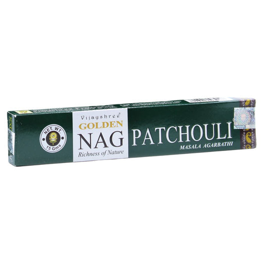 Experience the fragrant, tranquil scent of Golden Nag Patchouli Incense Sticks. Hand-rolled in India with the finest ingredients.