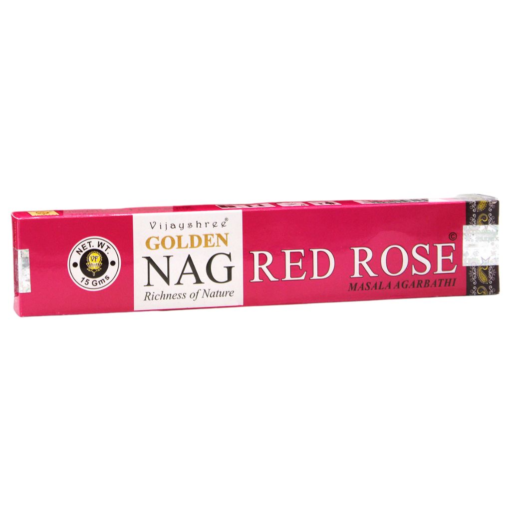 Experience the fragrant, tranquil scent of Golden Nag Red Rose Incense Sticks. Hand-rolled in India with the finest ingredients.