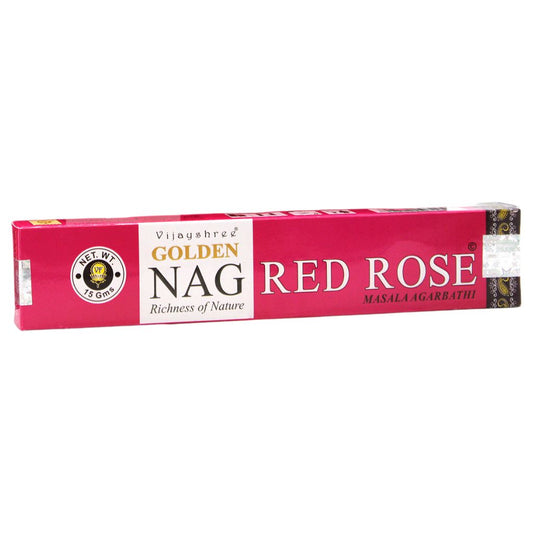 Experience the fragrant, tranquil scent of Golden Nag Red Rose Incense Sticks. Hand-rolled in India with the finest ingredients.