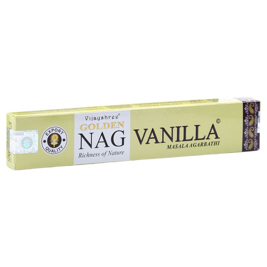 Experience the fragrant, tranquil scent of Golden Nag Vanilla Incense Sticks. Hand-rolled in India with the finest ingredients.