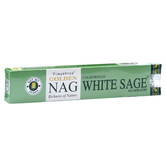 Experience the fragrant, tranquil scent of Golden Nag White Sage Incense Sticks. Hand-rolled in India with the finest ingredients.