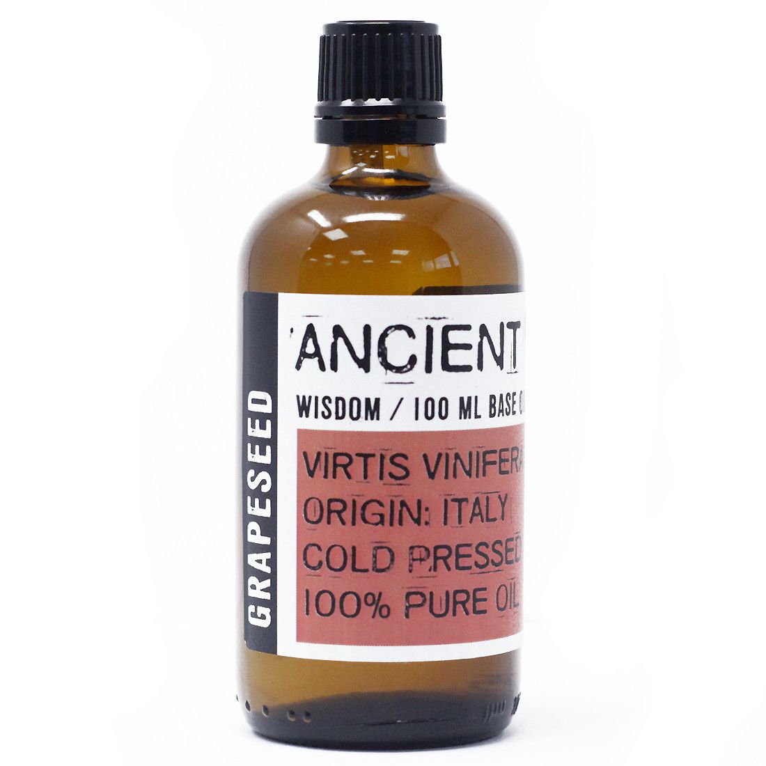 Bottle of Ancient Wisdom Grapeseed oil with a label on a white background