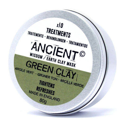 Tin of 'Ancient Wisdom' Green Clay Mask on a white background