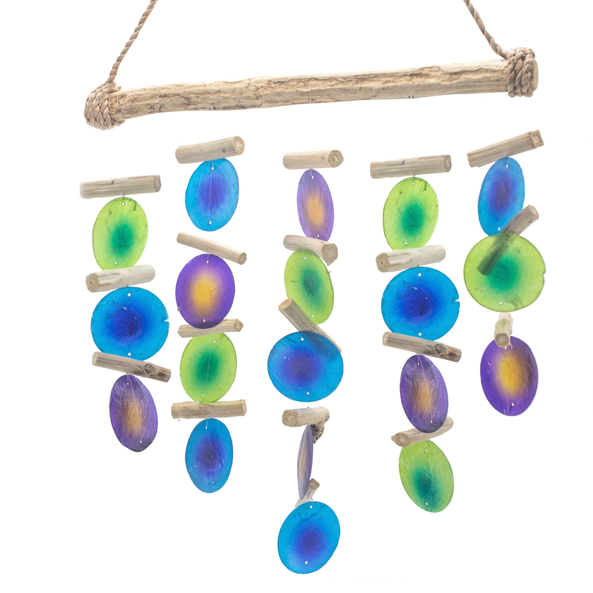 Bring a touch of natural elegance to your space with this handcrafted Green and Purple Driftwood Chime, made by small family businesses in Bali.