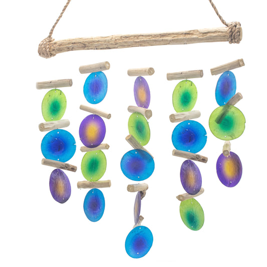 Bring a touch of natural elegance to your space with this handcrafted Green and Purple Driftwood Chime, made by small family businesses in Bali.