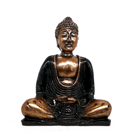 A hand-painted medium-sized black and gold Buddha statue, made from resin, with intricate detailing.