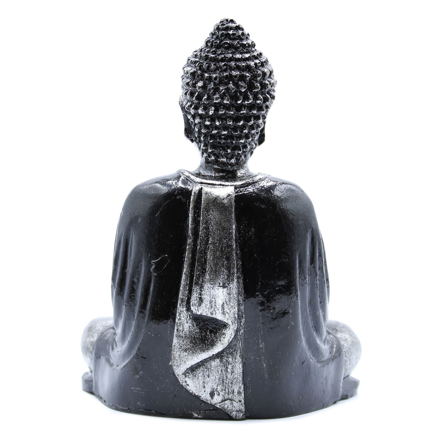 Add a touch of peace and serenity to your space with this exquisite Hand Painted Black & Grey Buddha Statue. back view