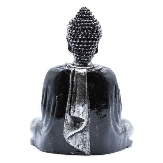 Add a touch of peace and serenity to your space with this exquisite Hand Painted Black & Grey Buddha Statue. back view