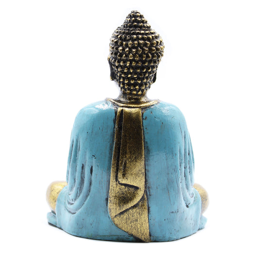 Add a touch of peace and serenity to your space with this exquisite Hand Painted Teal & Gold Buddha Statue. back view