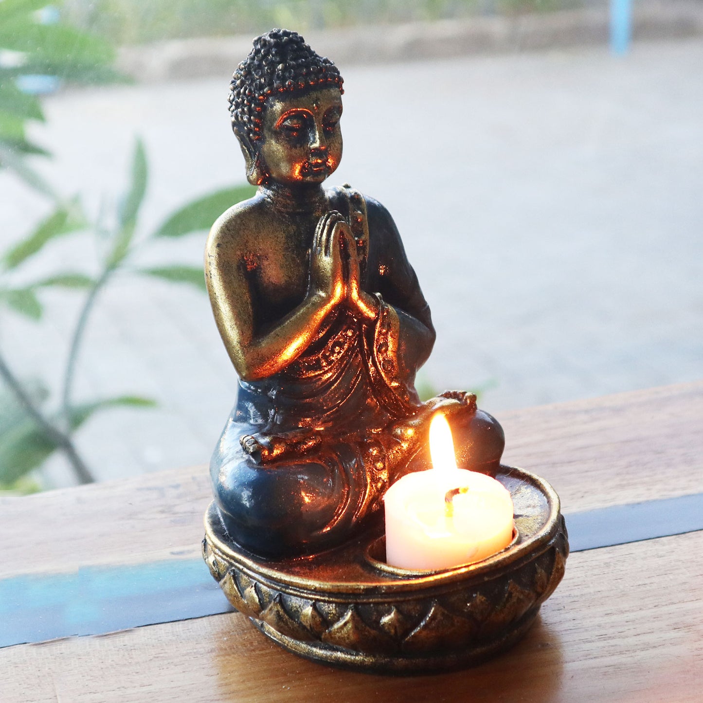 Hand Painted Buddha Candle Holder lit