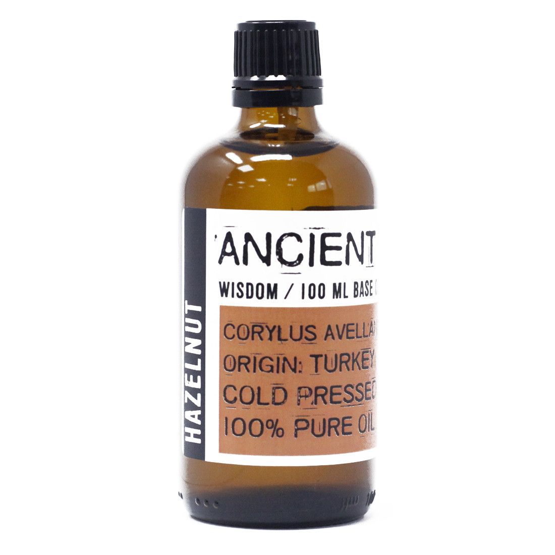 Bottle of hazelnut oil with a label on a white background