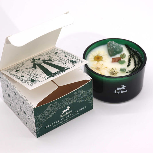 Hop Hare Crystal Magic Flower Candle The Magician is housed in a striking dark green jar.