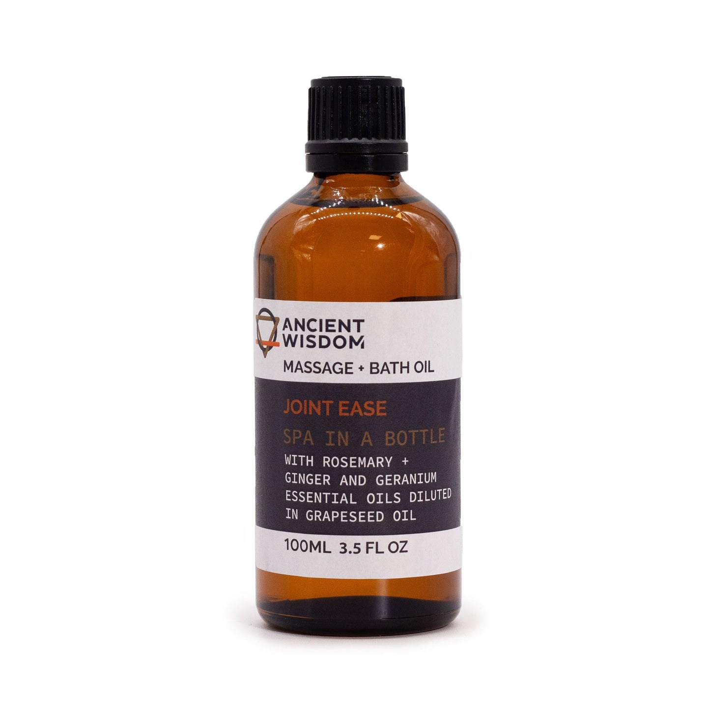 Bottle of Ancient Wisdom Joint Ease massage and bath oil on a white background