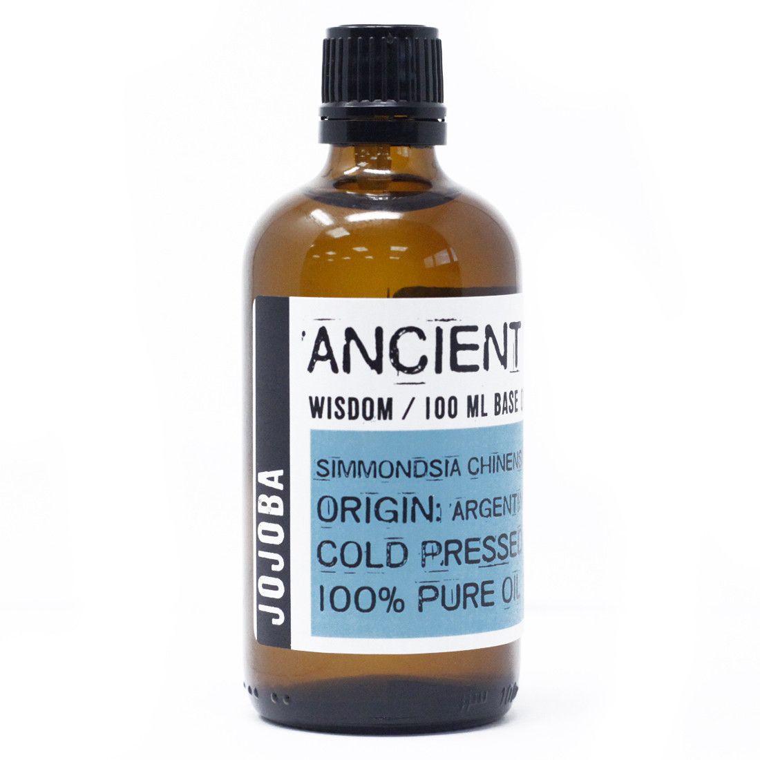Bottle of Ancient Wisdom jojoba oil on a white background