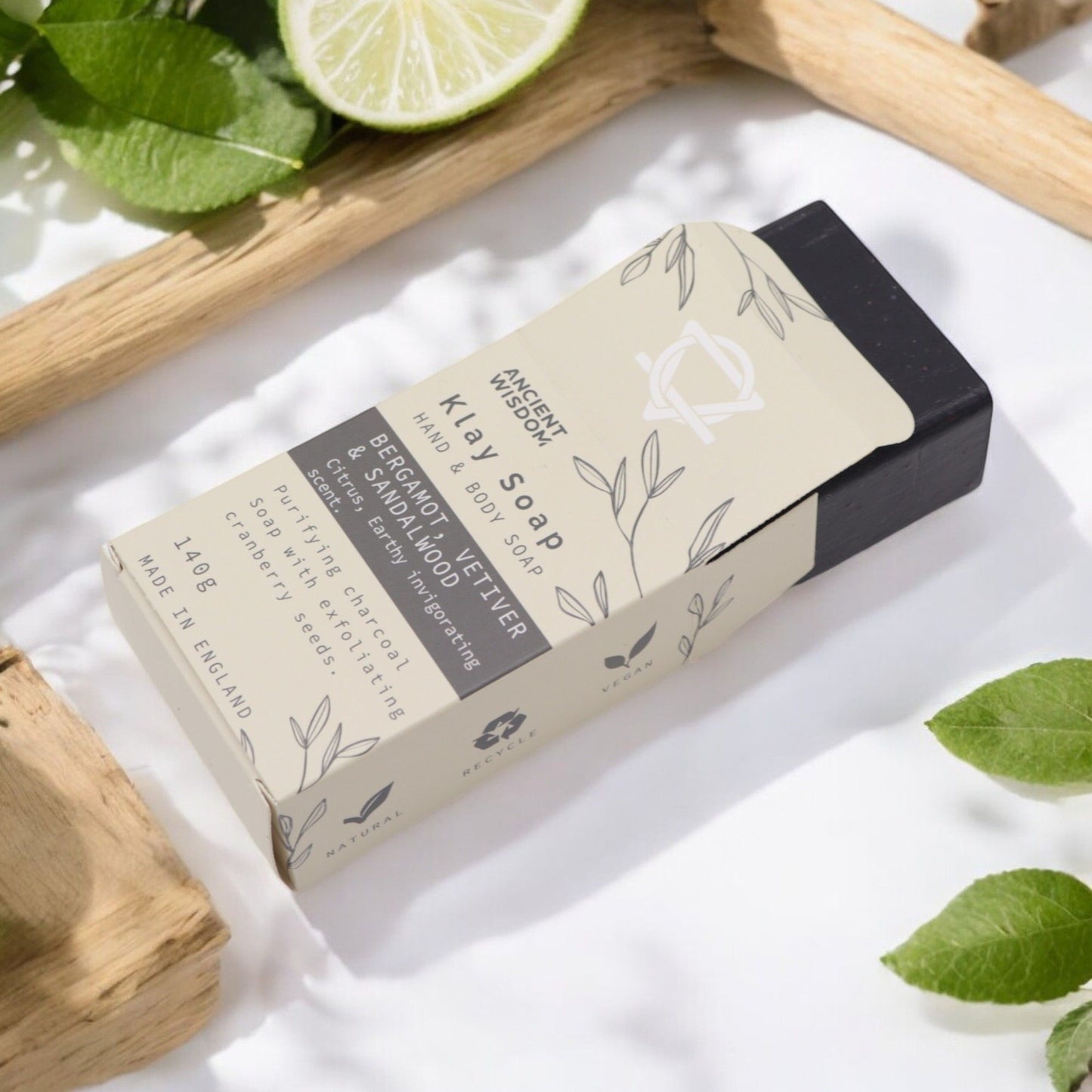 Klay Soap packaging with natural elements on a light background
