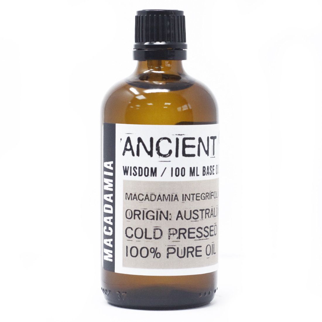 Bottle of macadamia oil with a label on a white background